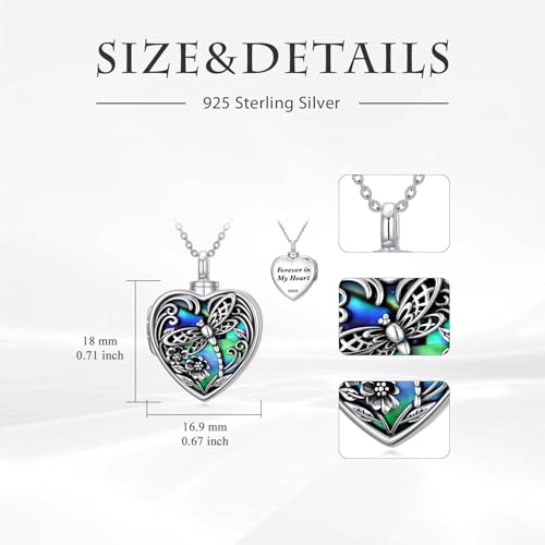 TOUPOP Heart Urn Locket Necklace for Ashes and Pictures 925 Sterling Silver Locket Cremation Jewelry with Abalone Shell Keepsake Memorial Gifts for Women（That Holds Pictures and Ashes） - style: Dragonfly