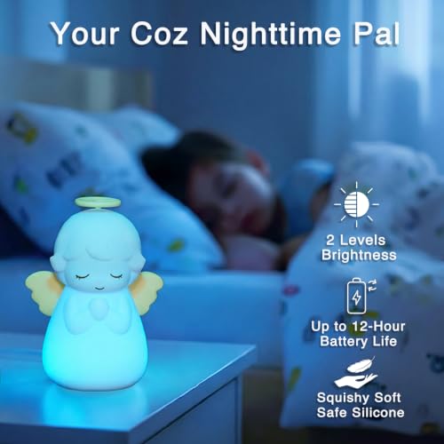 Angel Night Light, Cute Guardian Angel Silicone Lamp with 3 Level Warm Light and RGB Changing, Timer, Nighttime Care Portable Kawaii Bedside Baptism Gifts for Prayer, Toddler, Boys and Girls. - style: Angel