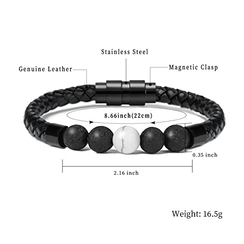 shajwo Cremation Jewelry Lava Stone Urn Bracelet for Ashes for Women Men Chakra Healing Balancing Genuine Leather Memorial Bracelets - color: Black（4 Lava Stone + 1 White Howlite）