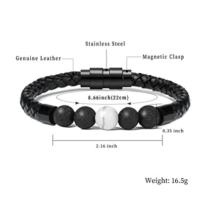 shajwo Cremation Jewelry Lava Stone Urn Bracelet for Ashes for Women Men Chakra Healing Balancing Genuine Leather Memorial Bracelets - color: Black（4 Lava Stone + 1 White Howlite）