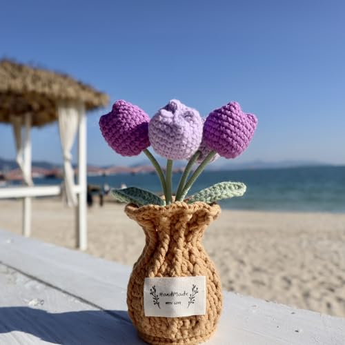 Tulip Crochet Flower Potted Plant Handmade Desk Decor Gift - color: D-tulip-purple