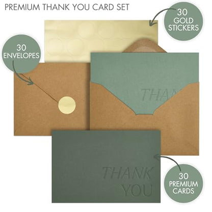 ZICOTO Beautiful Thank You Cards Set of 30 With Envelopes and Stickers | Elegant Blank Cards for Personalized Notes - Bulk Stationary Set for All Occasions Incl. Weddings, Business & Baby Showers - color: Sage