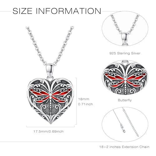 Heart Photo Locket Necklace Sterling Silver for Women | Dragonfly, Butterfly, Turtle, Dog Paw and Mother Daughter Styles, Jewelry Gifts for Mom Christmas Birthday Anniversary. - style: 1-Dragonfly-Red