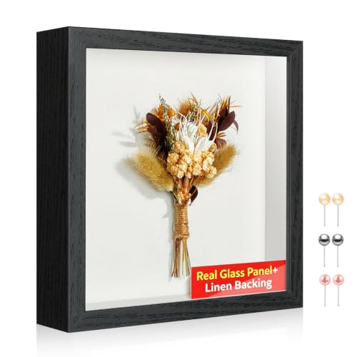 11x11 Shadow Box Picture Frame with Real Glass Panel and Linen Back | With Push Pins and Stand, Deep 1.2" Black Shadow Box Display Case – Display on Tabletop or Wall for Photo, Wedding, Keepsake - color: Black + Thickened Panel + Foam Packaging, size: 11x