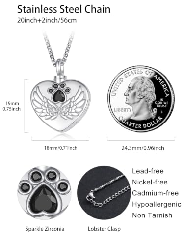 TANGPOET Paw Print Urn Necklace For Pet Ashes, Dog Cat Ashes Necklace for Men Women, 925 Sterling Silver Cremation Keepsake Memorial Jewelry Gifts - style: Heart