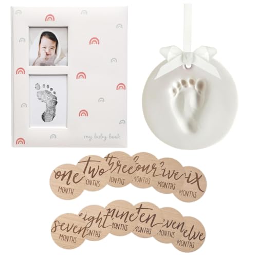 Little Pear New Baby Giftset, Rainbow Baby Keepsake Book with Included Ink Pad, Wooden Monthly Milestone Discs, Newborn Clay Handprint and Footprint Hanging Keepsake - color: New Baby Giftset