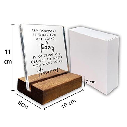 Inspirational Quotes Desk Sign, Motivational Minimalist Decor Art Acrylic Plaque With Wooden Stand Sign Home Office Desk Sign Gift for Women Colleague Friend Cowoker - style: Ask yourself
