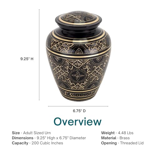 Black Elegance Brass Cremation Urn for Ashes, Brass, Black Urn, Adult Sized Cremation Urn, 9.25 Inches High