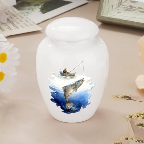 abooxiu Small Urns for Human Ashes Mini Urn for Ashes 2.8 Inch Ceramic Memorial Keepsake Urn Cremation Urn for Adult Female Male Women Men, Decorative Funeral Burial Urns, Fishing Scene