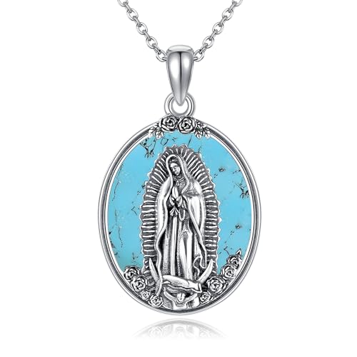 YAFEINI Virgen De Guadalupe Necklace 925 Sterling Silver Mother Mary Necklace Virgencita Jewelry Thanksgiving Day Gifts for Women - style: Turquoise