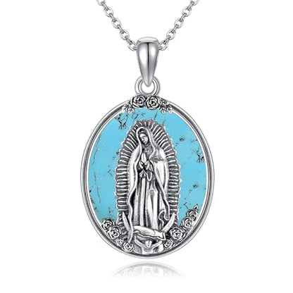 YAFEINI Virgen De Guadalupe Necklace 925 Sterling Silver Mother Mary Necklace Virgencita Jewelry Thanksgiving Day Gifts for Women - style: Turquoise