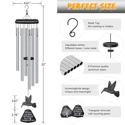 Sympathy Wind Chimes for Outside Deep Tone, Memorial for Loss of Loved One Prime, Bereavement Condolence Remembrance Funeral Gifts for Grieving Friends Loss of Mother Father - size: E-Silver Hummingbird