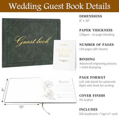 8x10 Inch Wedding Guest Book - 120 Blank & Lined Pages, Gold Foil PU Leather Hardbound Cover, Durable Sewn Binding, Green - color: Green