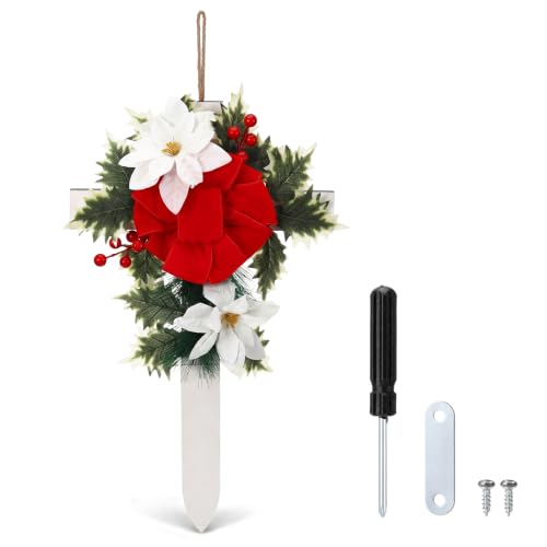 Sintuff Xmas Cross Grave Decorations for Cemetery, Christmas Wooden Cross