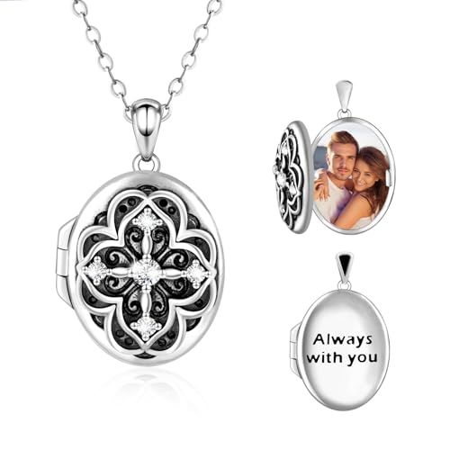 Oval Moissanite Locket Necklace: 925 Sterling Silver Locket with Photos | Vintage Moissanite Lockets Necklace Holds Pictures Engraved “Always with You ”Memorial Jewelry Gift for Mom Daughter