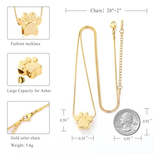 Pet Urns For Dogs/Cats - Pet Ashes Necklace - Paw Print Urn Necklace with Mini Keepsake Urn Memorial Ash Jewelry - color: Gold-1