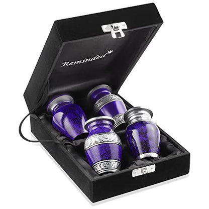 Reminded Small Cremation Keepsake Urns for Human Ashes, Set of 4 Purple and Silver Miniature Urns with Velvet Case and Bags - color: Purple