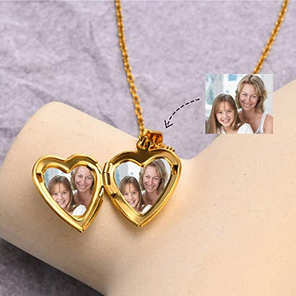 KunBead Women's Heart Photo Locket Necklace with Picture inside I Love You Heart Shaped Jewelry Pendant Necklace - color: gold