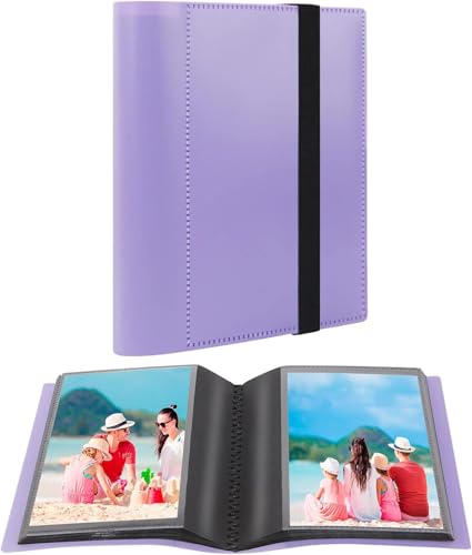 Aevdor Small 4x6 Photo Album, 64 Pockets, Black Pages, Elastic Band,purple | Compact 4x6 photo book for family, wedding, baby, travel, postcards and recipe cards; one album is included - color: Light Purple