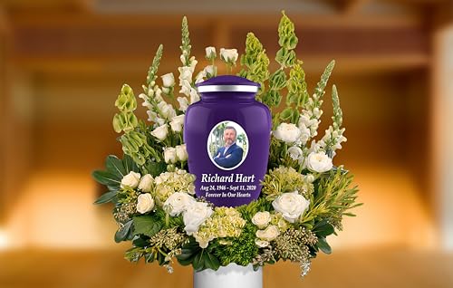Personalized Photo Cremation Urns for Human Ashes Adult Male Female - 200lbs Custom Photo Burial Urns for Human Ashes - Engraved Handcrafted Funeral Decorative Urns for Adult with Velvet Bag, Purple