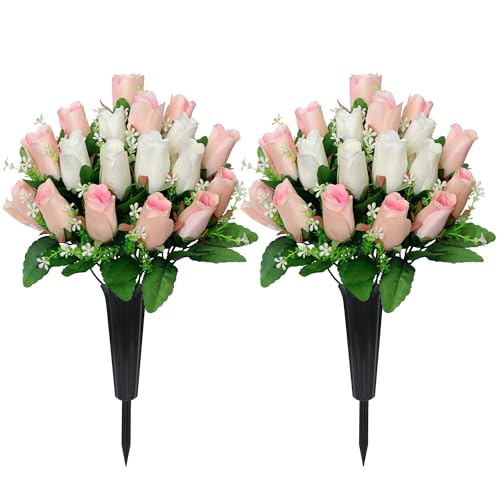 2 Sets Artificial Cemetery Flowers with Vase – Memorial Flowers Bouquet & Heavy-Ground Spike Vases – Fade-Proof, Windproof Grave Memorial Flowers for Cemetery Headstones Decoration (Pink white) - color: Pink White