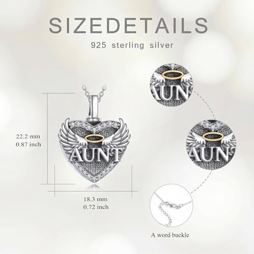 Family Members Urn Necklace for Ashes 925 Sterling Silver Angel Wings Heart Cremation Memorial Keepsake Pendant Jewelry for Loved One's Ashes, with 18" + 2" Stainless Steel Chain - style: Heart-Aunt
