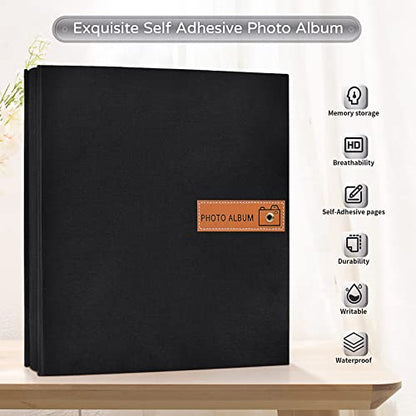 Popotop Large Photo Album Self Adhesive 4x6 5x7 8x10 Scrapbook Album DIY Picture Book,Gifts for Mom,Family Baby and Wedding,with Metal Pen and Plastic Board - color: Black, size: 11.5"x10.6"60pages