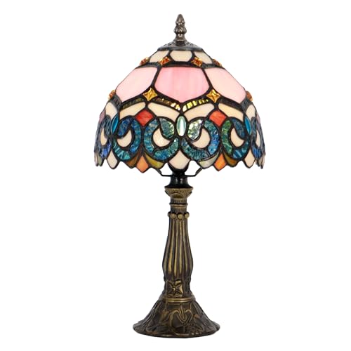 Tiffany Table Lamp Stained Glass Bedside Accent Light 8X8X14.5 inch | Pink Baroque Style Stained Glass Memory Sympathy Light Push Button Switch Vintage Resin Base Decor For Bedroom Living Room - color: Pink Baroque Style