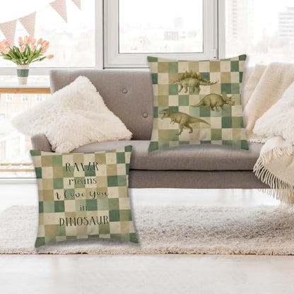 Dibor Dinosaur Nursery Green Checkered Throw Pillow Covers 18x18 Set of 2 - color: Dinosaur
