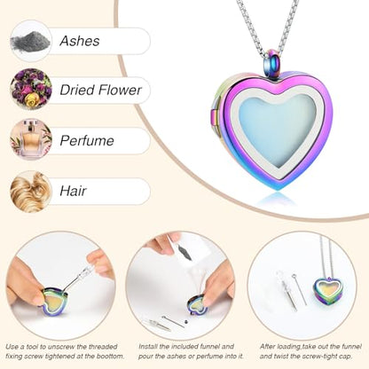 Oinsi Cremation Locket Necklace For Ashes Of Loved One Carry Photo Glass Memorial Urn Jewelry 316L Stainless Steel Keepsake Gifts - color: B-Colorful