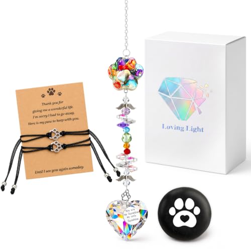 Junkin Pet Memorial Gifts for Loss of Dog Cat Sympathy Gift Set with Rainbow Bridge Paw Suncatcher, Paw Bracelet and Comfort Stone Remembrance Keepsake for Pet Lovers Friends Family