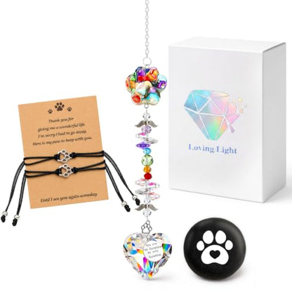 Junkin Pet Memorial Gifts for Loss of Dog Cat Sympathy Gift Set with Rainbow Bridge Paw Suncatcher, Paw Bracelet and Comfort Stone Remembrance Keepsake for Pet Lovers Friends Family