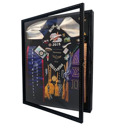 FramePro Large Shadow Box Black 16x20 Front Open with Hinge Beaded Designed, Graduation Cap and Gown Picture Keepsake Box with Linen Back - color: Black, size: 16x20