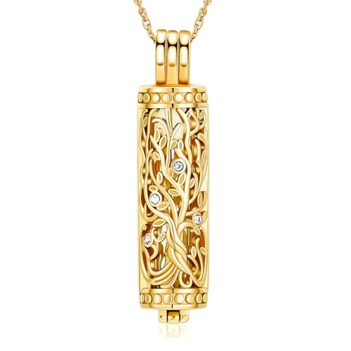 Tree of Life Urn Necklace for Women Men Cylinder Bar Memorial Ash Pendant | Tree of Life Cremation Jewelry,Stainless Steel Keepsakes Necklaces,Vial Ashes Pendant - color: Gold