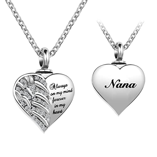 Guardian Angel Wings Cremation Jewelry for Ashes Heart Crystal Urn Necklaces for Ashes Memorial Keepsake Necklace Always on Mind Forever in My Heart - style: Nana