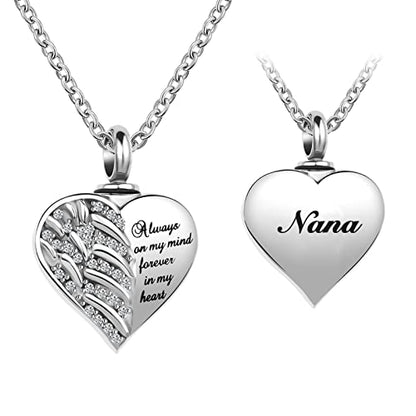 Guardian Angel Wings Cremation Jewelry for Ashes Heart Crystal Urn Necklaces for Ashes Memorial Keepsake Necklace Always on Mind Forever in My Heart - style: Nana