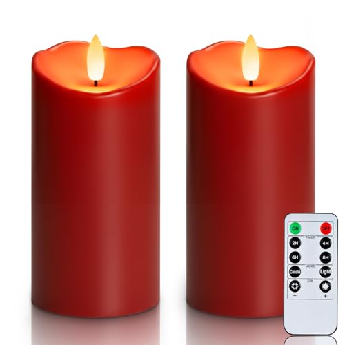 Homemory Burgundy Flameless Candles, Waterproof Flickering Candles, Outdoor Battery Operated LED Pillar Candles with Remote Timer, Electric Fake Plastic Candles, Red, Christmas Decor, 3" x 6" - color: Red, size: D3"xH6"6"