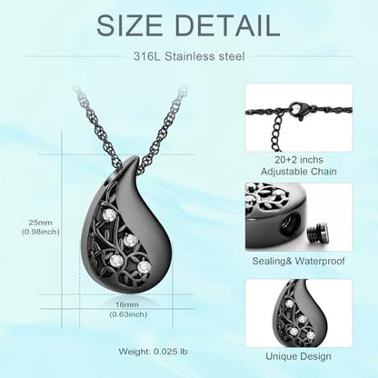 Tree of Life Teardrop Urn Necklace for Ashes Teardrop Crystal Cremation Jewelry Celtic knot Ashes Pendant Stainless Steel Keepsake Memorial Jewelry for Women Men - color: Black