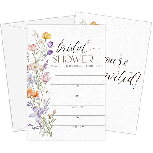 Spring Boho Bridal Shower Invitations | Wildflowers Floral Bridal Shower Invites, Set of 25 Wedding Invitations with Envelopes, Wedding Decorations-A03 - style: floral boho