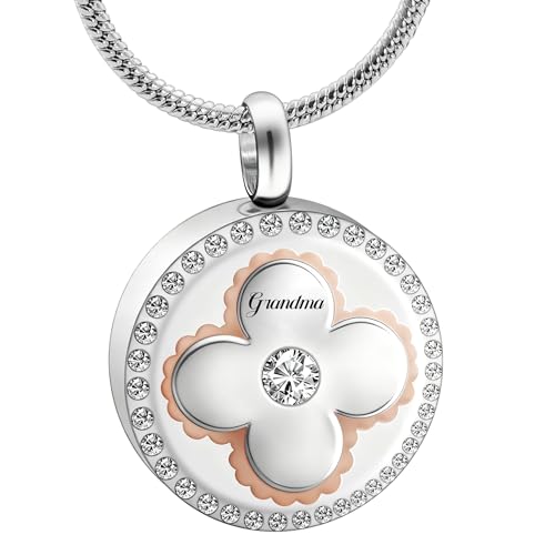 Cremation Urn Necklaces for Ashes, Round Stainless Steel Memorial Jewelry Keepsake Pendant for Women Men, Decorative Four-Leaf Clover Touch - style: Grandma