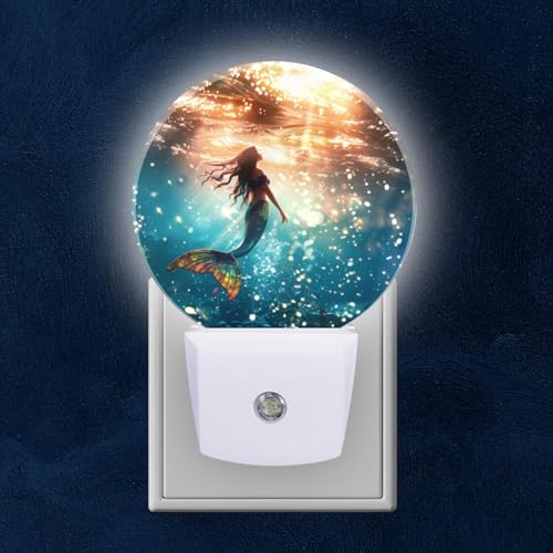 Round LED Night Lights Lamp with Dusk to Dawn Sensor, Beautiful Mermaid Swimming in The Deep Sea Night Light Plug Into Wall for Kids Room, Bedroom, Bathroom, Kitchen, Hallway - color: Beautiful Mermaid Swimming in The Deep Sea, size: Small