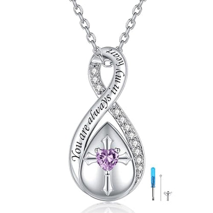 ZOEXUE Infinity Cross Cremation Jewelry - S925 Sterling Silver Cross Urn Necklace for Women - Birthstone Cross with Heart CZ Ashes Keepsake Pendant Memorial Urn Jewelry Gift for A Loss Loved Ones - color: light purple