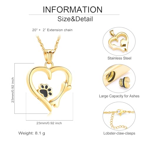 Pet Cremation Jewelry for Ashes Paw Print Pet Heart Urn Necklace Memorial Keepsake Jewelry for Pet/Dog's/Cat's Ashes Pendant - color: Gold