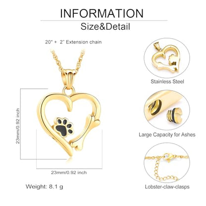 Pet Cremation Jewelry for Ashes Paw Print Pet Heart Urn Necklace Memorial Keepsake Jewelry for Pet/Dog's/Cat's Ashes Pendant - color: Gold
