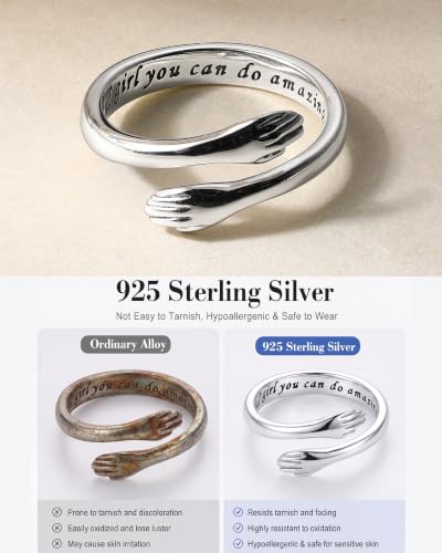LOVECOM S925 Sterling Silver Hug Rings for Women Teen Girls Mother Daughter - color: Beautiful girl you can do amazing things, size: US Size 7