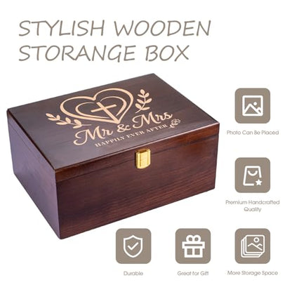 Larger Wooden Wedding Memory Keepsake Boxes With Hinged Lids and a photo frame inside the lid Bridal Shower Gifts - Engagement Gifts for Couples Newlyweds Mr Mrs Couple Bride Gift - 5.3“*8.6”*11.7“ - color: Brown