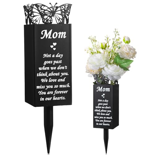 Geosar Cemetery Vase for Grave Metal Butterfly Flower Holder Spike, Classic | Grave Marker Floral Cemetery, Grave Flower Holder for Mom Grandma, Lawn Yard Outdoor Funeral Cemetery Decoration - style: Mom