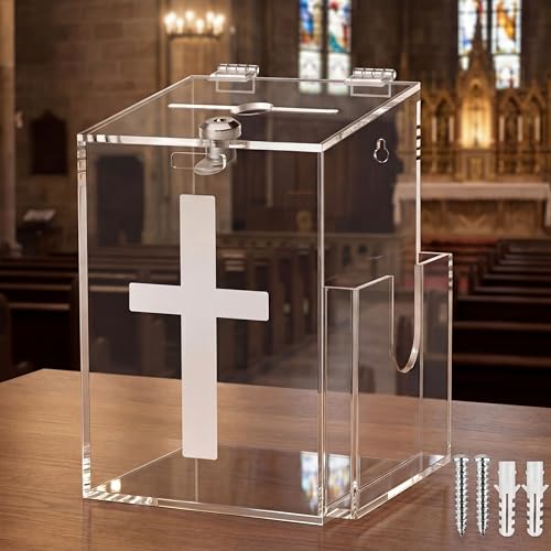 Juexica Acrylic Prayer Request Box, Clear Cross Offering Church Donation 8.6" x 6.3" x 5.5" Charity Ballot Suggestions Box with Pocket Tithing Wall Mountable for Tip Charity Fundraising