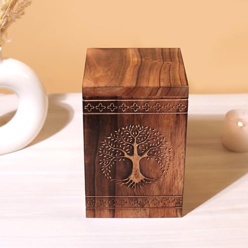 Hashcart Tree of Life Wooden Cremation Urn, Human Ashes 250 Lbs | Solid Wood, Handcarved, Adult Male Female, Mom Dad, Sympathy Gift, Burial Display