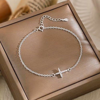 Moodear Cross Bracelet for Women, Dainty Sterling Silver/Gold Plated Gift | Christian Religious Gifts for Teen, Stocking Stuffers, Adjustable Link Bracelets, Sparkling CZ Cross, Non Tarnish Jewelry - color: Sterling Silver CZ Cross Bracelet